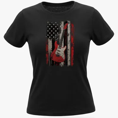 Distressed electric guitar graphic over the American flag in red, black, white, and beige — printed on a women's shirt
