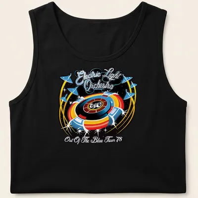 Retro Electric Light Orchestra tour shirt featuring vibrant colors and iconic text — printed on a tank top