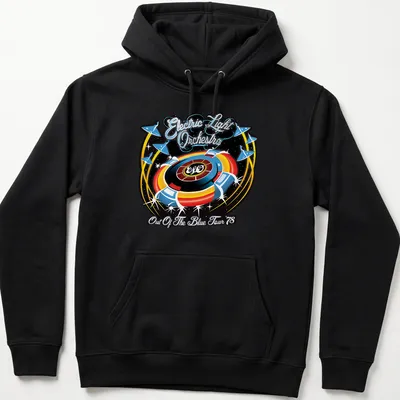 Retro Electric Light Orchestra tour shirt featuring vibrant colors and iconic text — printed on a unisex hoodie