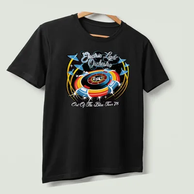 Retro Electric Light Orchestra tour shirt featuring vibrant colors and iconic text — printed on a unisex t-shirt (angled view)