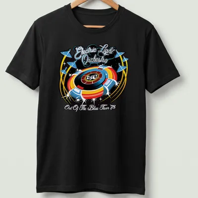 Retro Electric Light Orchestra tour shirt featuring vibrant colors and iconic text