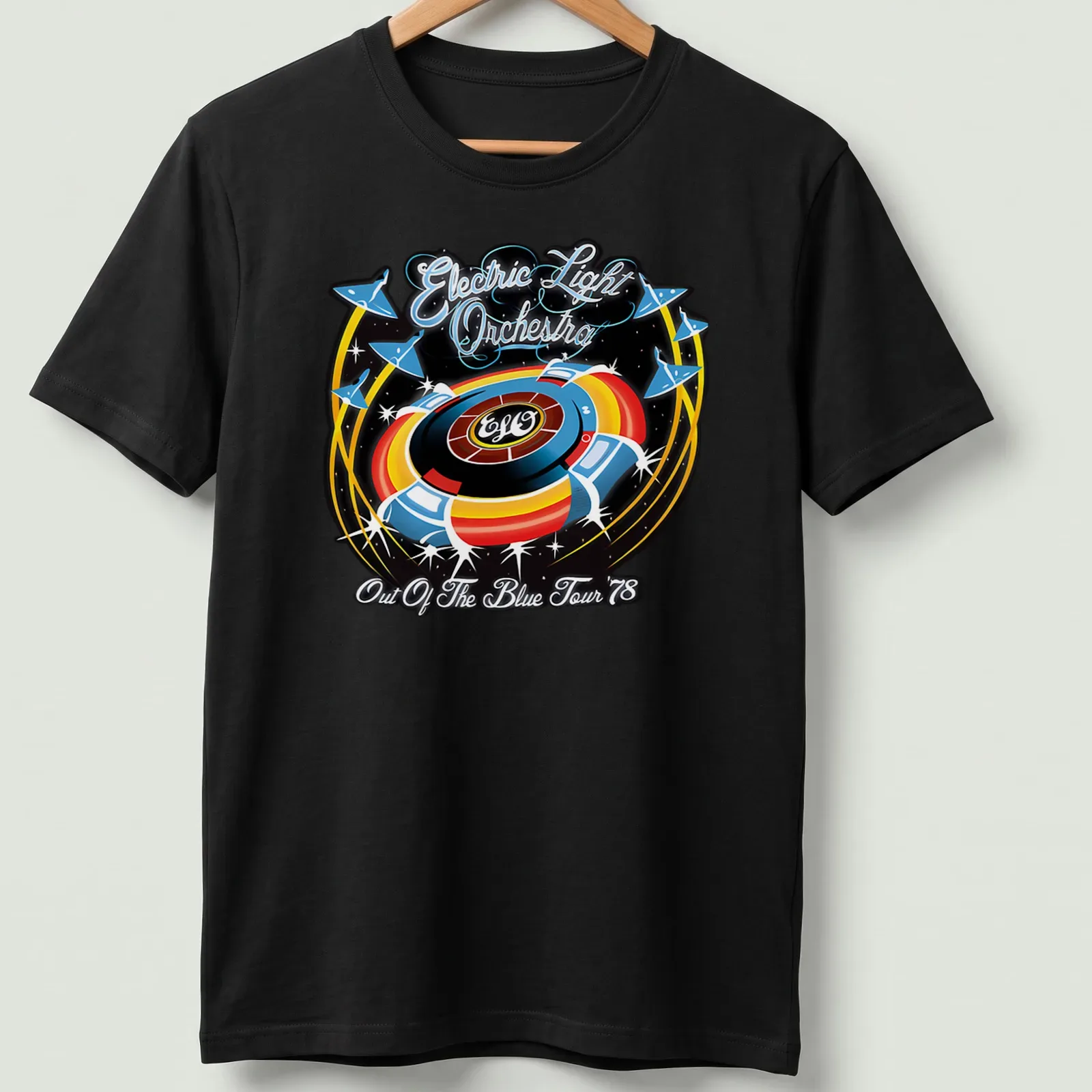 Retro Electric Light Orchestra tour shirt featuring vibrant colors and iconic text — printed on a unisex t-shirt