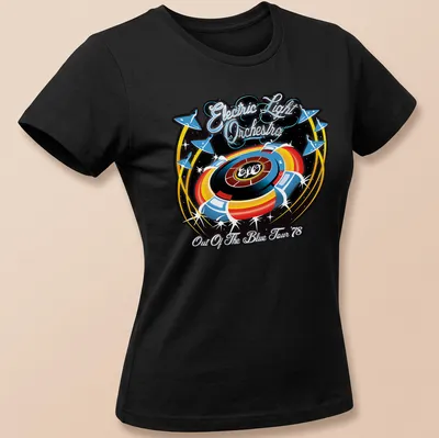 Retro Electric Light Orchestra tour shirt featuring vibrant colors and iconic text — printed on a women's shirt