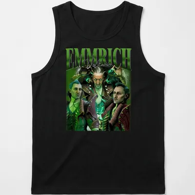 Vintage character portraits with 'EMMRICH Volkarin' text in green, black, and white. — printed on a tank top