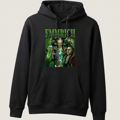 Vintage character portraits with 'EMMRICH Volkarin' text in green, black, and white. — printed on a unisex hoodie