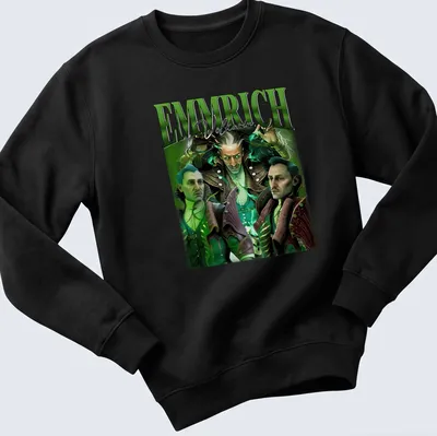 Vintage character portraits with 'EMMRICH Volkarin' text in green, black, and white. — printed on a unisex sweatshirt