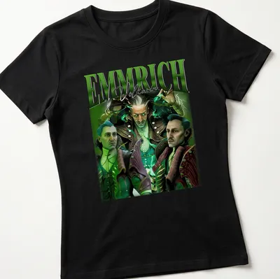 Vintage character portraits with 'EMMRICH Volkarin' text in green, black, and white. — printed on a women's shirt