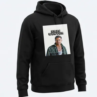 Modern illustration of a man with the name Eric Winter prominently displayed — printed on a unisex hoodie