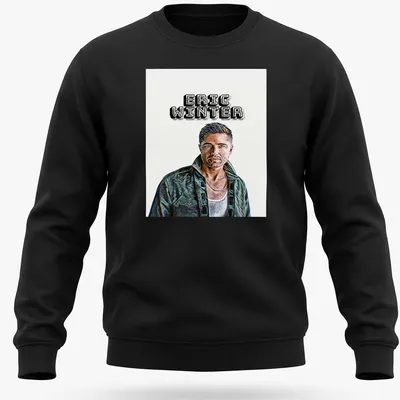 Modern illustration of a man with the name Eric Winter prominently displayed — printed on a unisex sweatshirt