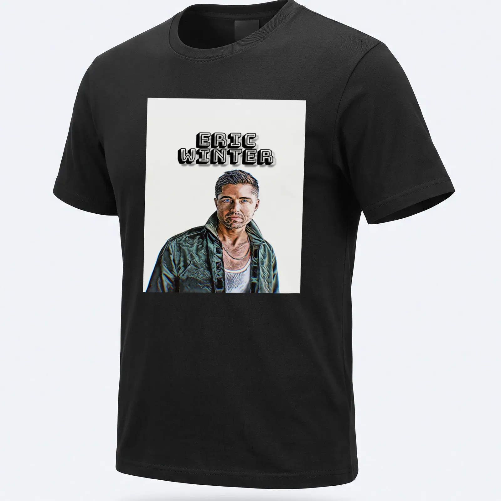 Modern illustration of a man with the name Eric Winter prominently displayed — printed on a unisex t-shirt