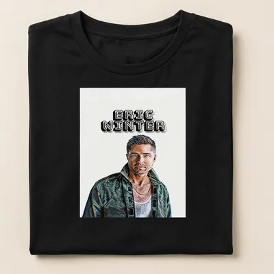 Modern illustration of a man with the name Eric Winter prominently displayed — printed on a women's shirt
