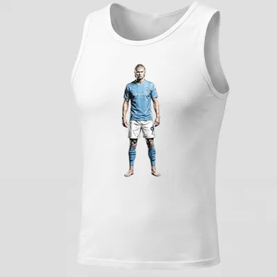 Illustrative Erling Haaland T-shirt featuring a dynamic football player in light blue, white, and black. — printed on a tank top
