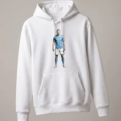Illustrative Erling Haaland T-shirt featuring a dynamic football player in light blue, white, and black. — printed on a unisex hoodie