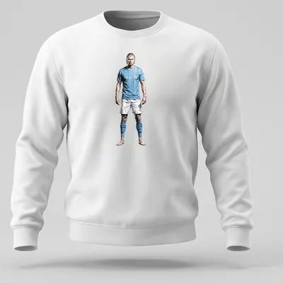 Illustrative Erling Haaland T-shirt featuring a dynamic football player in light blue, white, and black. — printed on a unisex sweatshirt