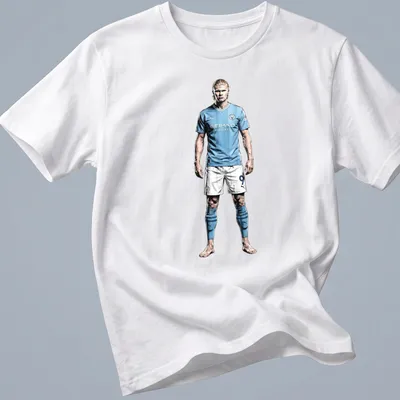 Illustrative Erling Haaland T-shirt featuring a dynamic football player in light blue, white, and black.