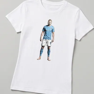 Illustrative Erling Haaland T-shirt featuring a dynamic football player in light blue, white, and black. — printed on a women's shirt
