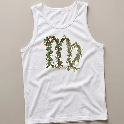 Illustrative T-shirt featuring ivy vines and script reading Evermore (Virgo's Version) — printed on a tank top