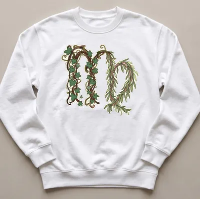 Illustrative T-shirt featuring ivy vines and script reading Evermore (Virgo's Version) — printed on a unisex sweatshirt