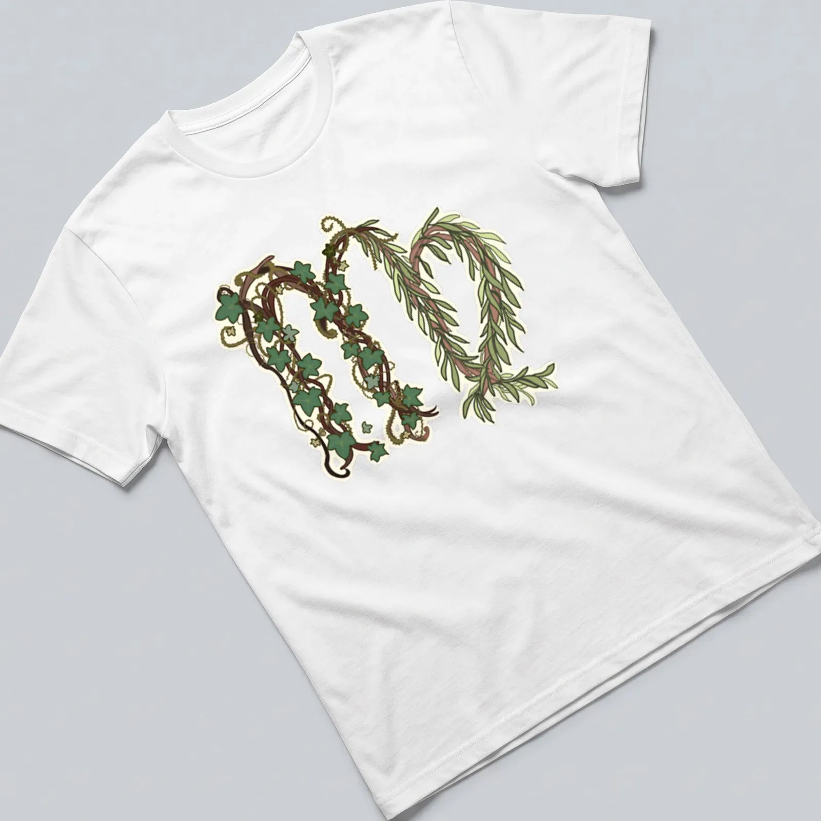 Illustrative T-shirt featuring ivy vines and script reading Evermore (Virgo's Version) — printed on a unisex t-shirt