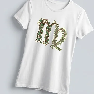 Illustrative T-shirt featuring ivy vines and script reading Evermore (Virgo's Version) — printed on a women's shirt