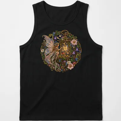 Enchanted fairy with lanterns in purple, gold, and green on a whimsical — printed on a tank top