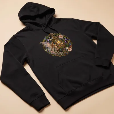 Enchanted fairy with lanterns in purple, gold, and green on a whimsical — printed on a unisex hoodie