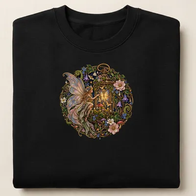 Enchanted fairy with lanterns in purple, gold, and green on a whimsical — printed on a unisex sweatshirt