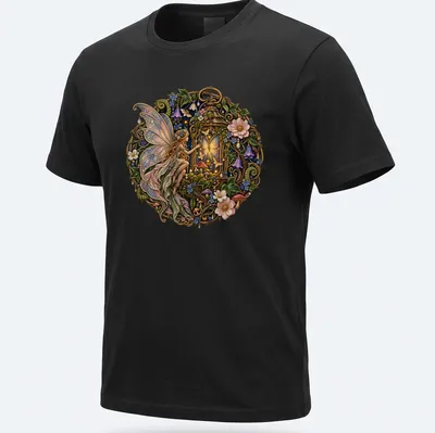Enchanted fairy with lanterns in purple, gold, and green on a whimsical tee