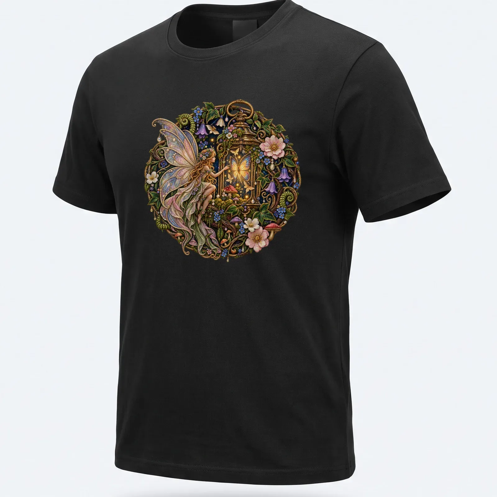 Enchanted fairy with lanterns in purple, gold, and green on a whimsical — printed on a unisex t-shirt