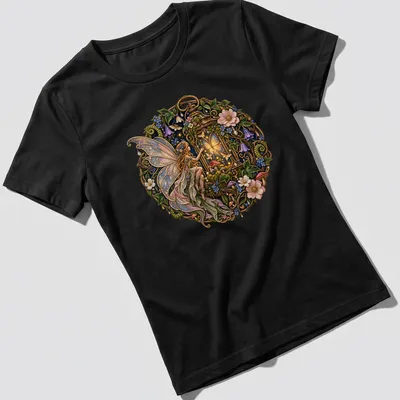 Enchanted fairy with lanterns in purple, gold, and green on a whimsical — printed on a women's shirt
