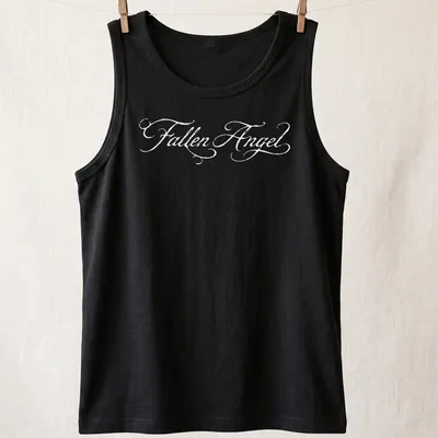 Illustrative T-shirt featuring a fallen angel character named Jennie in black and white — printed on a tank top