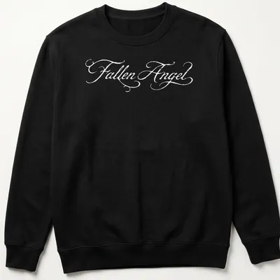 Illustrative T-shirt featuring a fallen angel character named Jennie in black and white — printed on a unisex sweatshirt