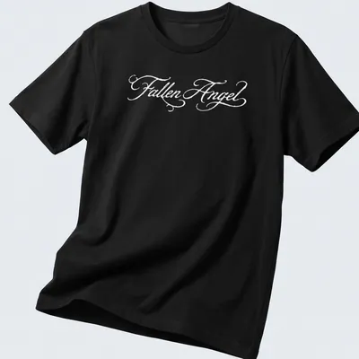Illustrative T-shirt featuring a fallen angel character named Jennie in black and white