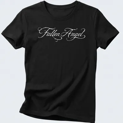 Illustrative T-shirt featuring a fallen angel character named Jennie in black and white — printed on a women's shirt