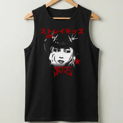 Bold graphic Stray Kids Felix logo t-shirt in red, black, and white. — printed on a tank top