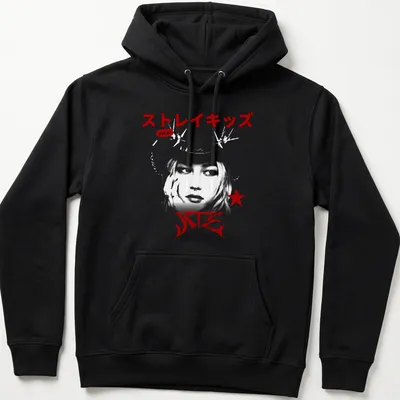 Bold graphic Stray Kids Felix logo t-shirt in red, black, and white. — printed on a unisex hoodie