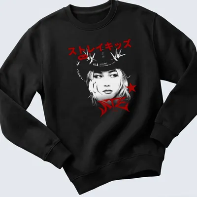 Bold graphic Stray Kids Felix logo t-shirt in red, black, and white. — printed on a unisex sweatshirt