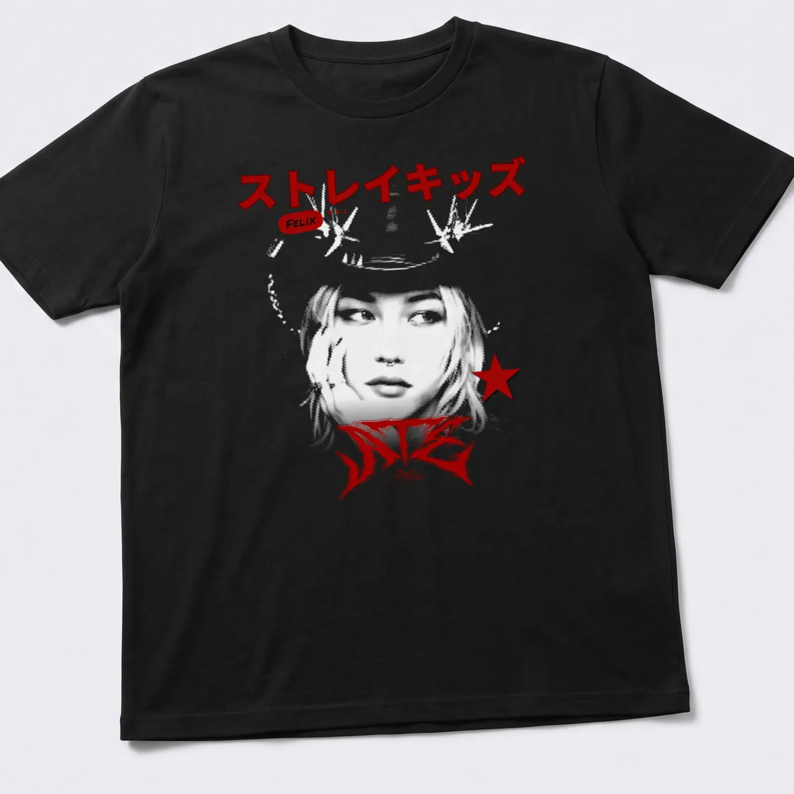 Bold graphic Stray Kids Felix logo t-shirt in red, black, and white. — printed on a unisex t-shirt