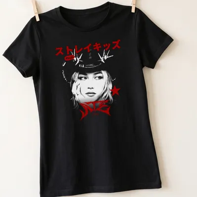 Bold graphic Stray Kids Felix logo t-shirt in red, black, and white. — printed on a women's shirt