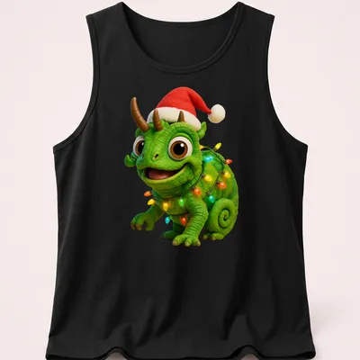 Cartoonish shirt featuring a festive Jackson's chameleon decorated with Christmas lights — printed on a tank top