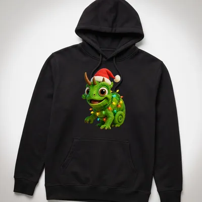 Cartoonish shirt featuring a festive Jackson's chameleon decorated with Christmas lights — printed on a unisex hoodie