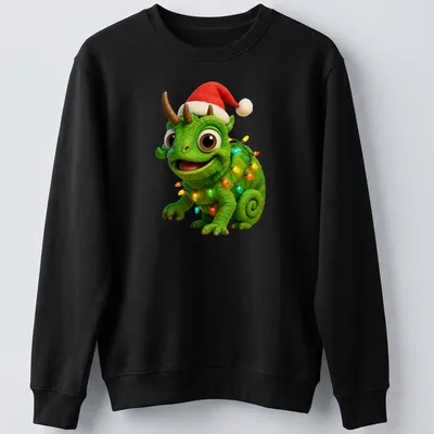 Cartoonish shirt featuring a festive Jackson's chameleon decorated with Christmas lights — printed on a unisex sweatshirt