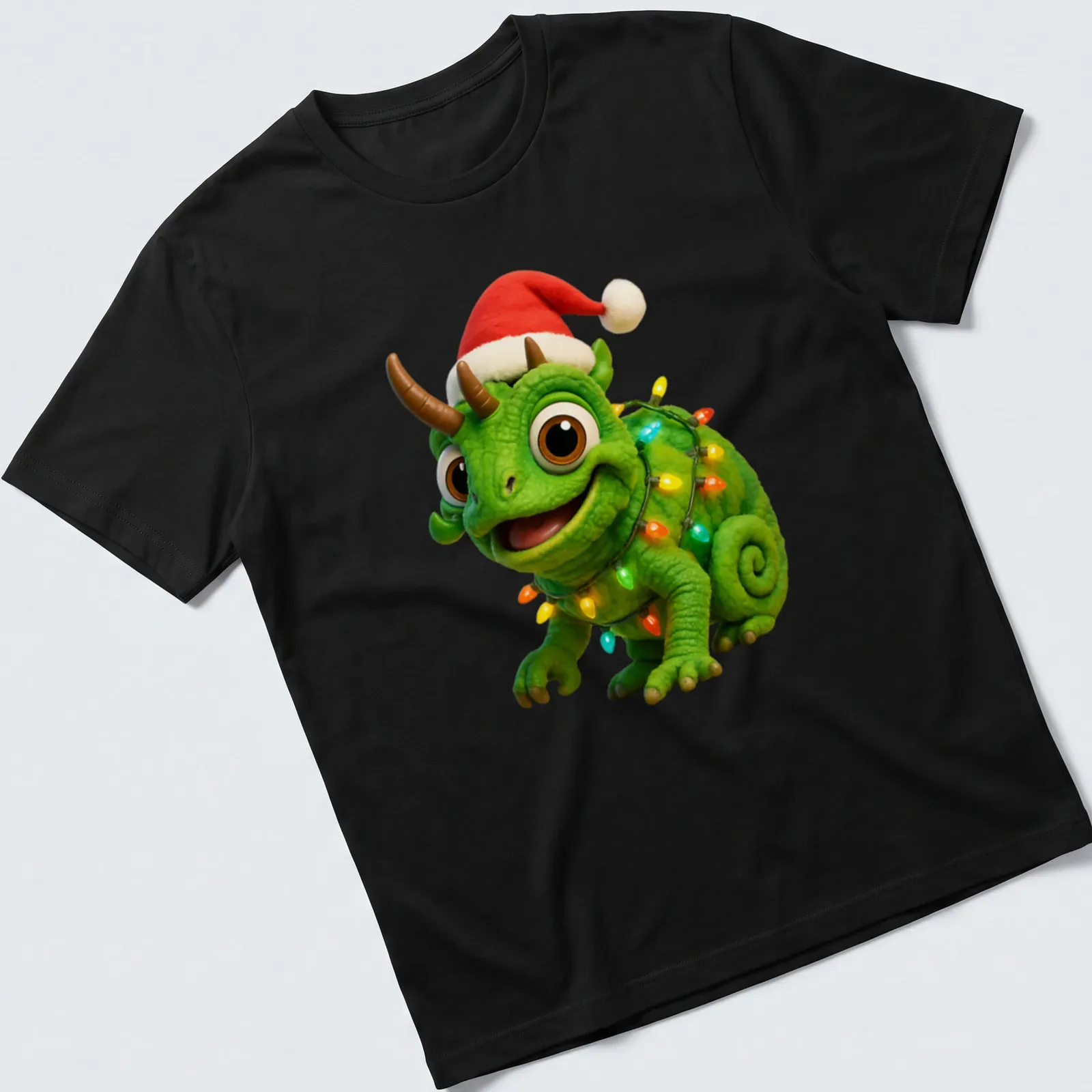 Cartoonish shirt featuring a festive Jackson's chameleon decorated with Christmas lights — printed on a unisex t-shirt