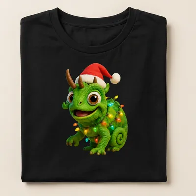 Cartoonish shirt featuring a festive Jackson's chameleon decorated with Christmas lights — printed on a women's shirt