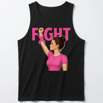 Realistic illustration of a woman raising her fist with a pink ribbon, featuring the word 'FIGHT' — printed on a tank top