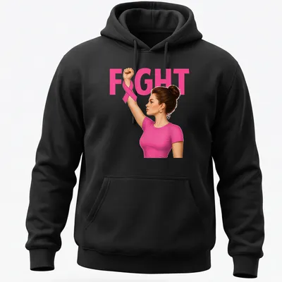 Realistic illustration of a woman raising her fist with a pink ribbon, featuring the word 'FIGHT' — printed on a unisex hoodie
