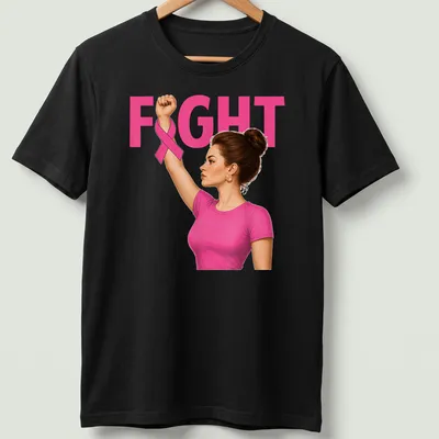Realistic illustration of a woman raising her fist with a pink ribbon, featuring the word 'FIGHT'