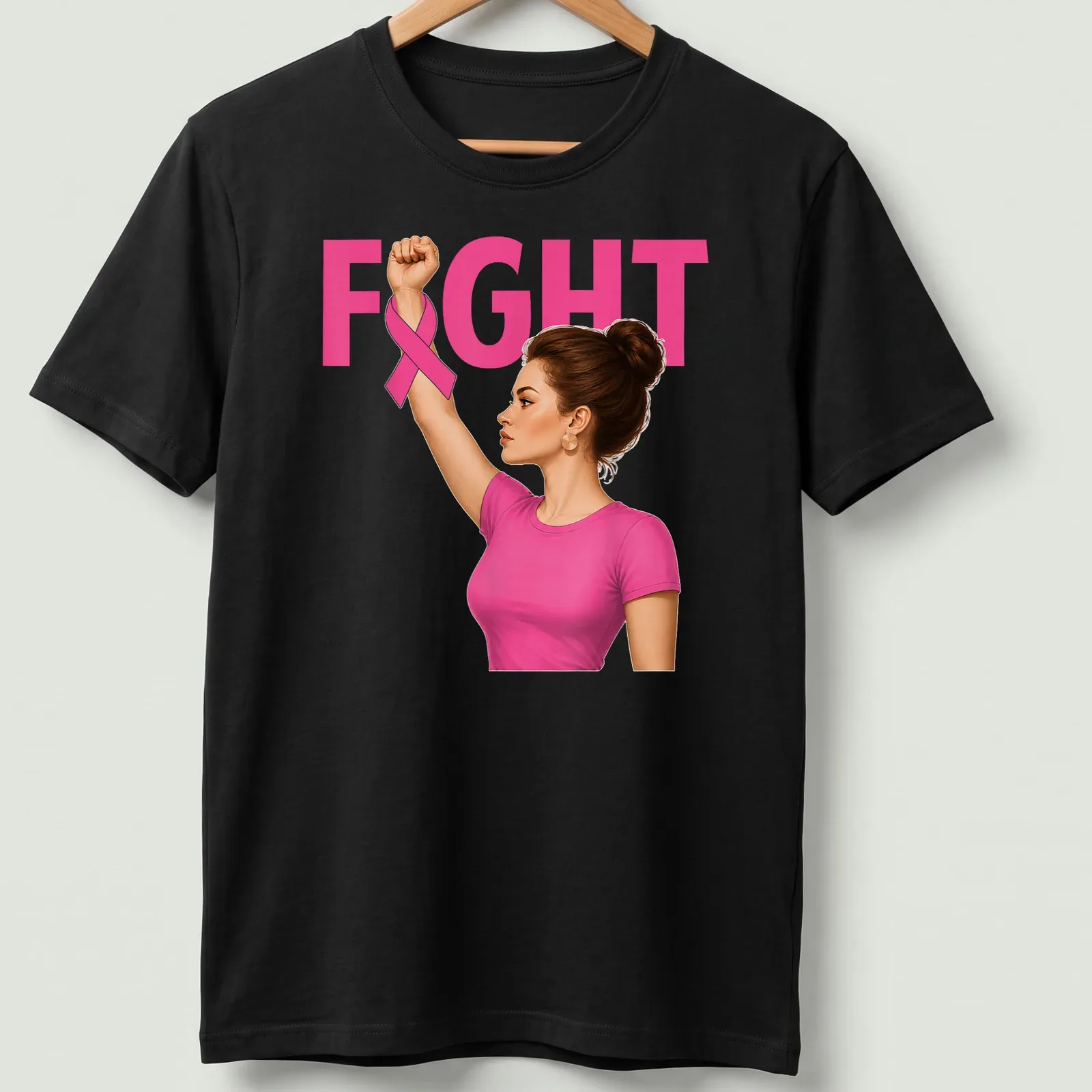 Realistic illustration of a woman raising her fist with a pink ribbon, featuring the word 'FIGHT' — printed on a unisex t-shirt