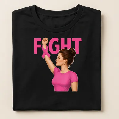 Realistic illustration of a woman raising her fist with a pink ribbon, featuring the word 'FIGHT' — printed on a women's shirt