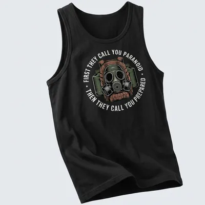 Vintage distressed T-shirt featuring a gas mask with text about paranoia and preparedness — printed on a tank top